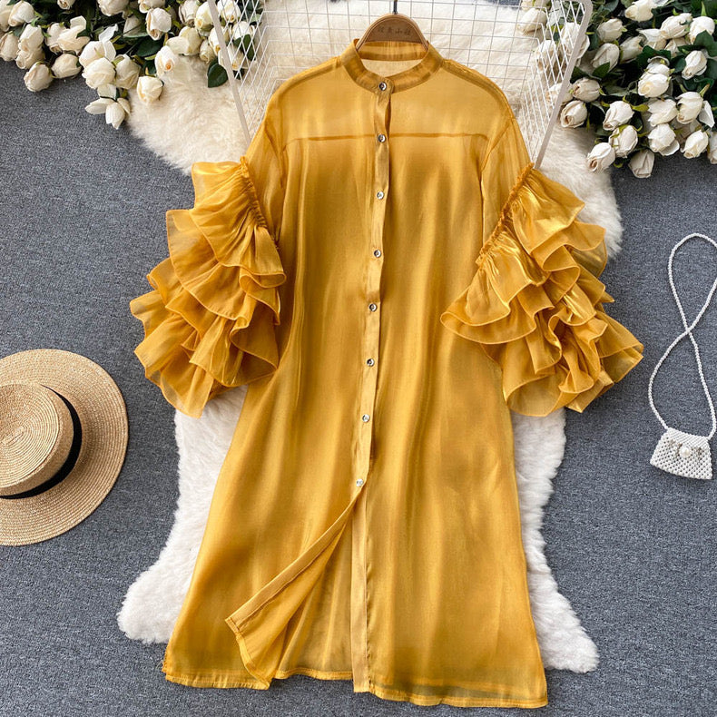 Cascading Ruffles Sleeves Shirt Dress